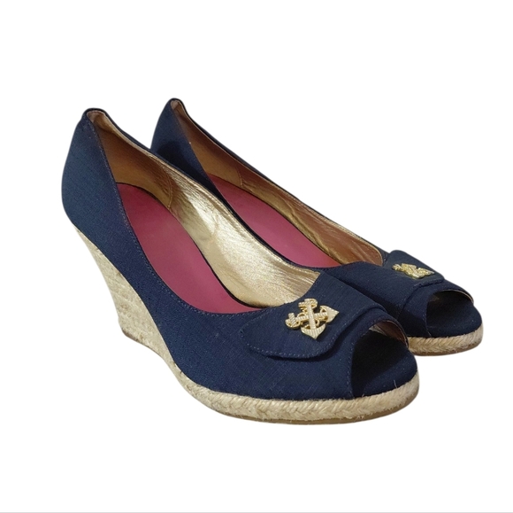 Lilly Pulitzer Blue Canvas Espadrille Wedge Peep Toe Nautical Shoes Size 9 - Picture 9 of 11